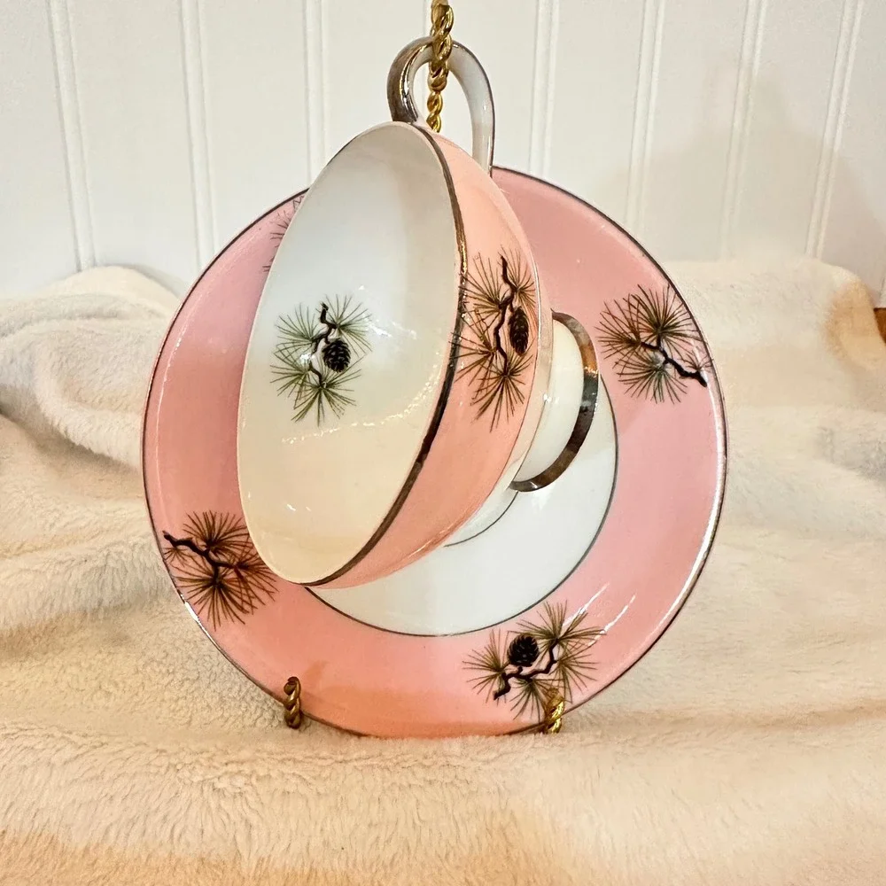 Unbranded Vintage Tea Cup and Saucer Set Pink Excellent Pine Cone Silver Trim